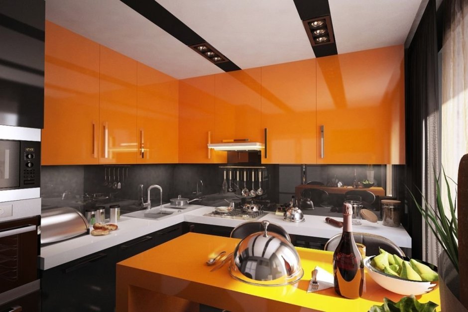 Кухня бирюзовая с оранжевым