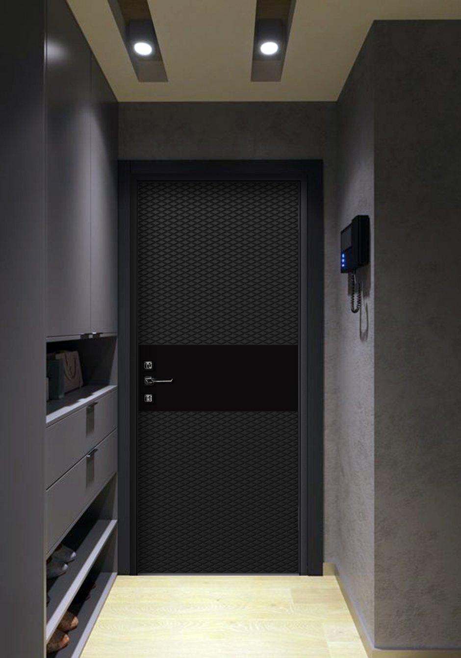 Светлый коридор с темными дверьми