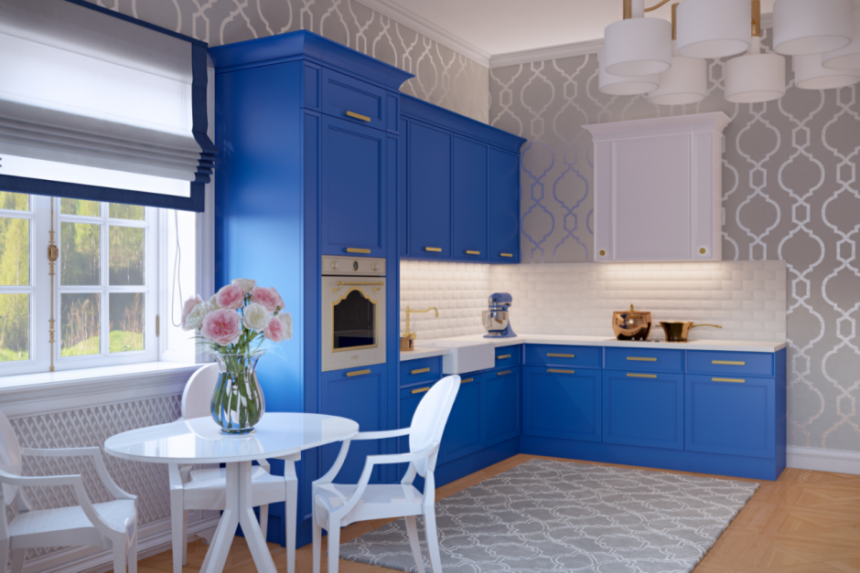Синяя кухня икеа с деревянной столешницей