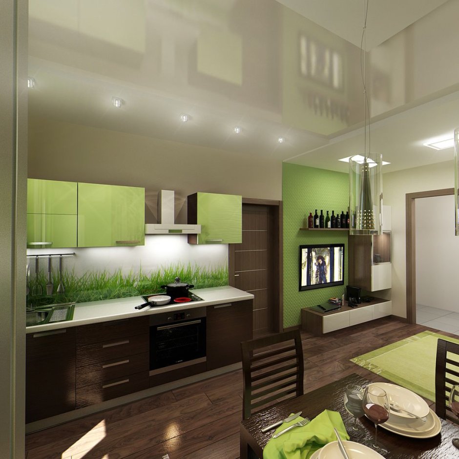 Кухня-гостиная в зеленых тонах