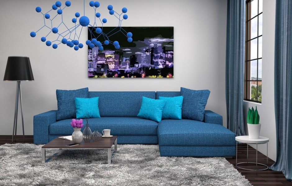 Серые стены голубой диван