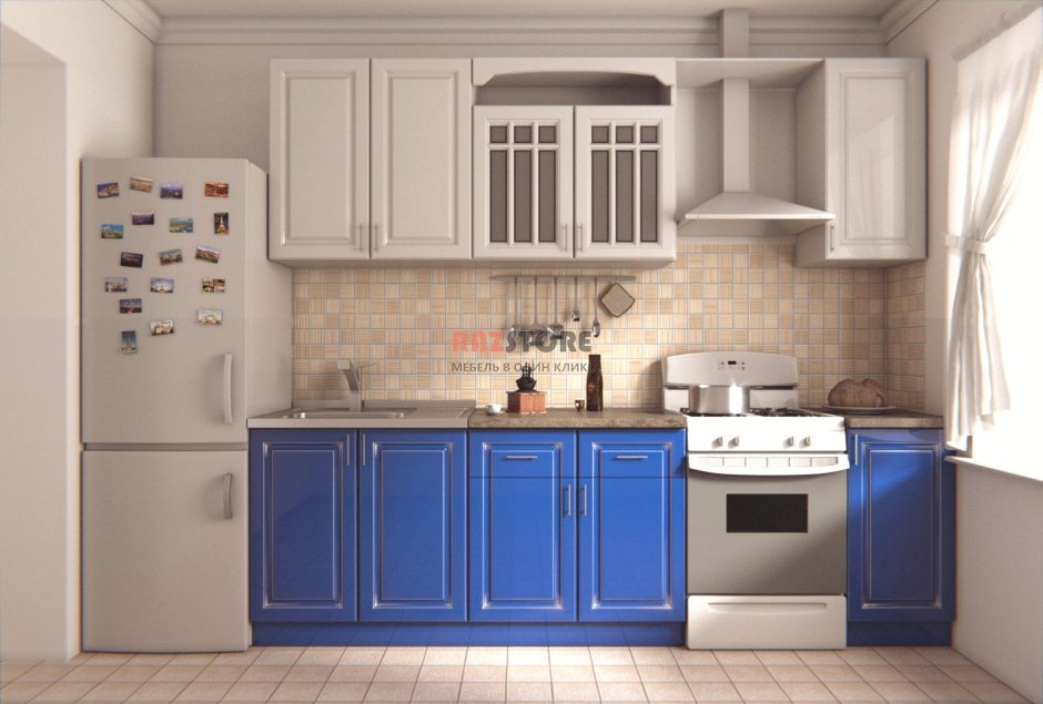 Кухонный гарнитур белый верх синий низ