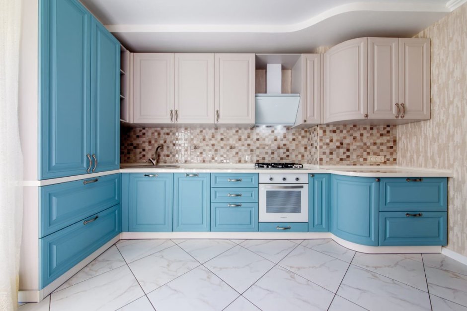 Кухонный гарнитур верх белый низ голубой