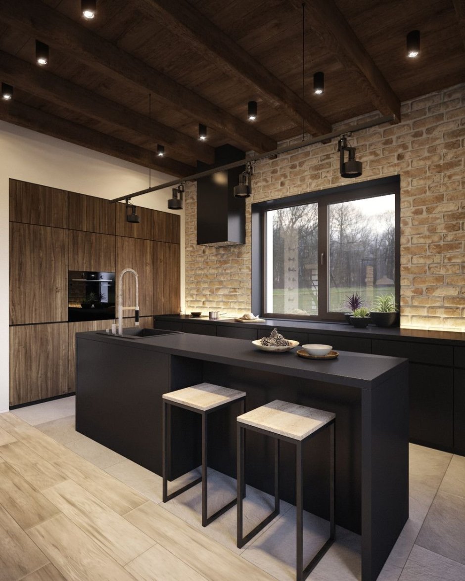 Черная кухня с деревянной столешницей