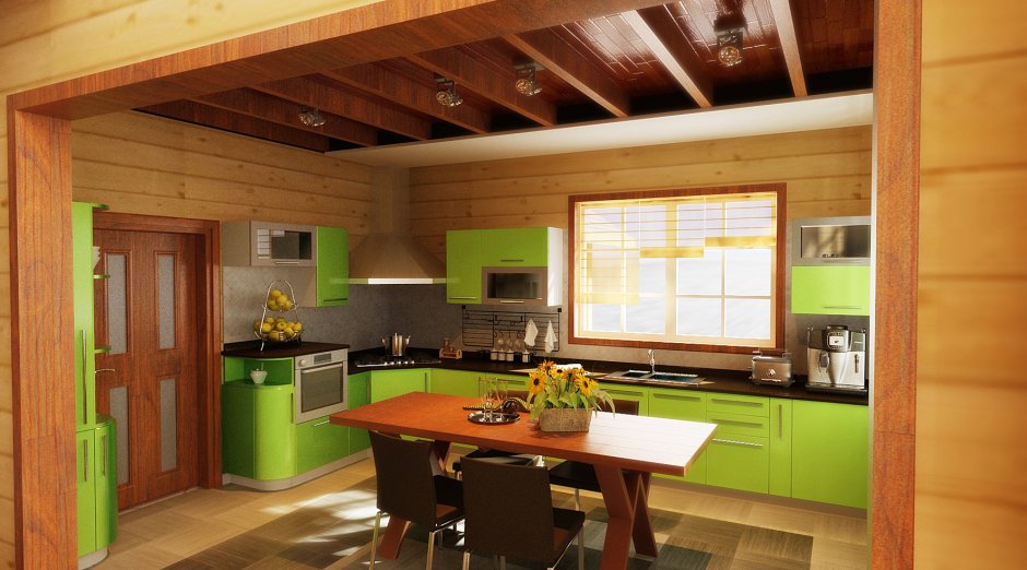Оливковая кухня в деревянном доме