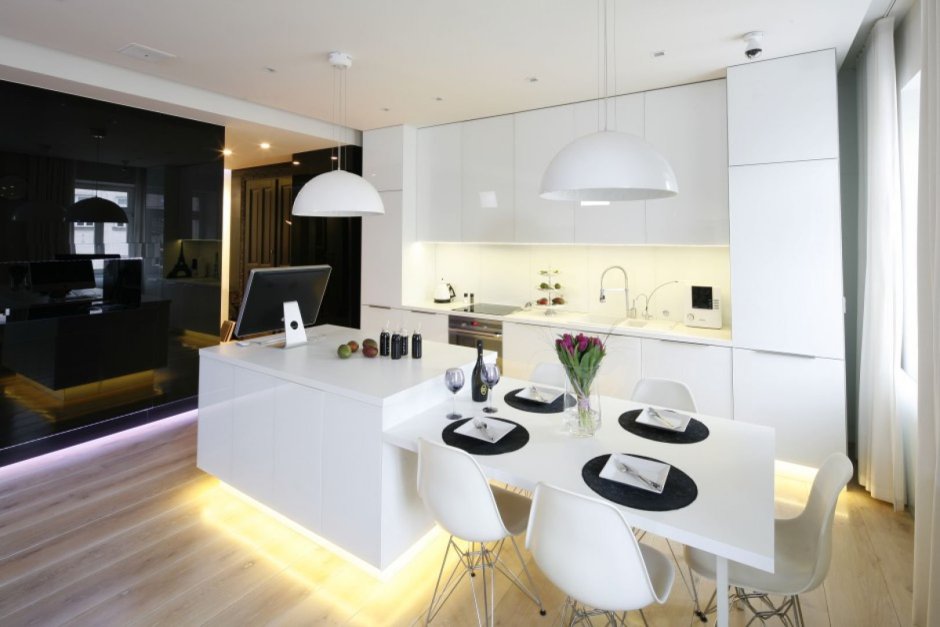Кухня гостиная в современном стиле белая