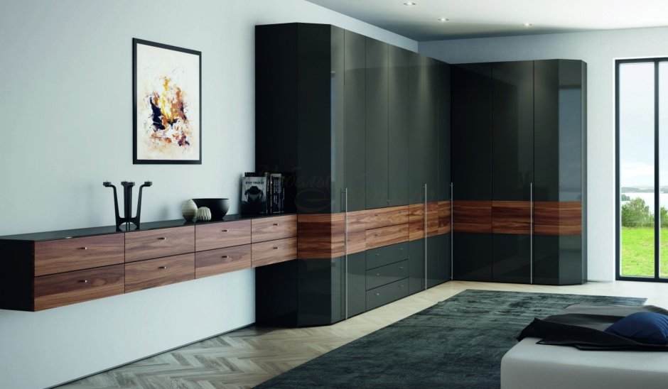 Угловой шкаф купе с тумбой под телевизор