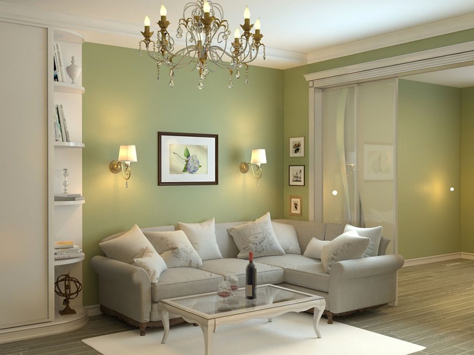 Оливковый цвет в интерьере гостиной