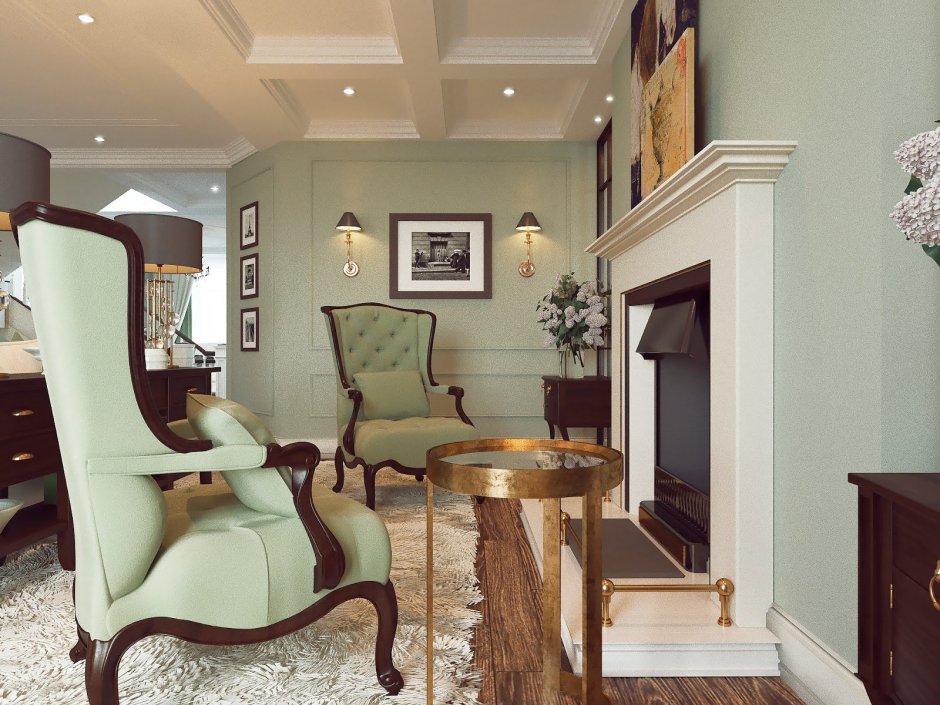 Оливковый цвет в интерьере гостиной в классическом стиле