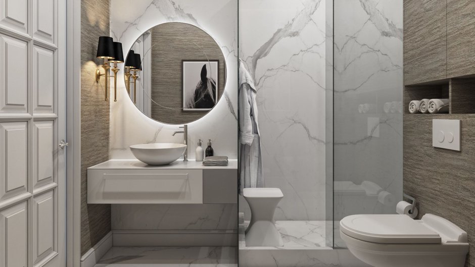 Интерьер ванной комнаты с унитазом мрамор