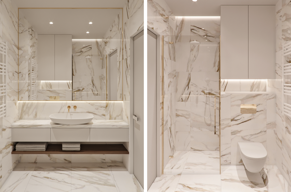 Плитка под мрамор в маленькой ванной