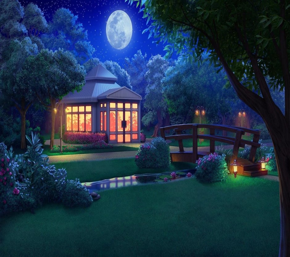 Беседка в саду ночью