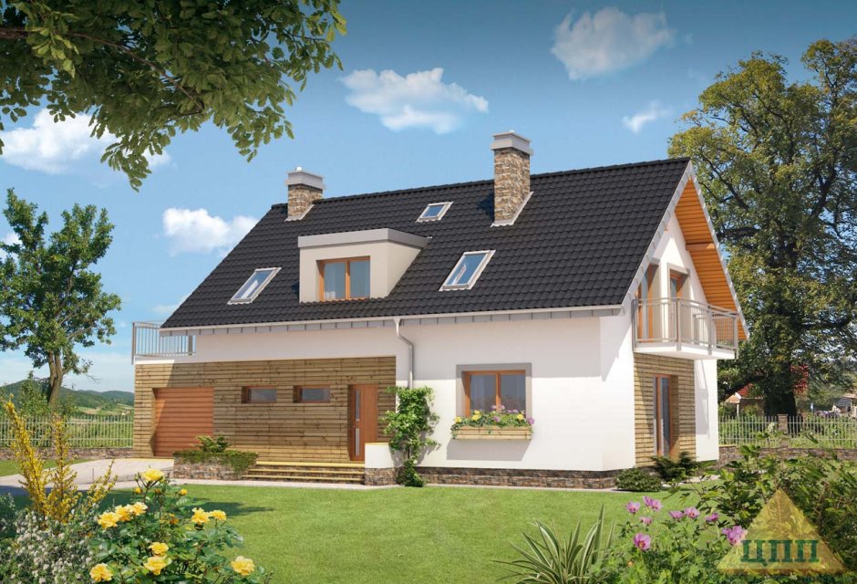 Дом с мансардой и террасой и гаражом