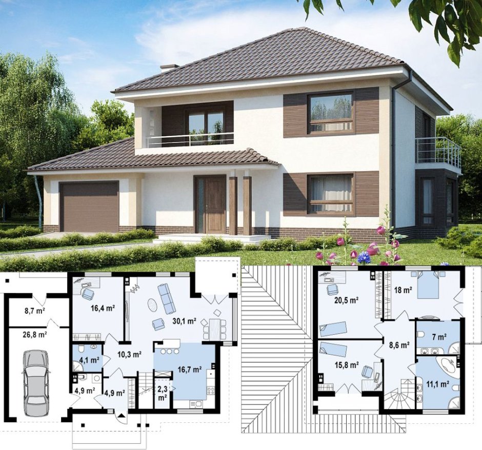 Дом с мансардой и террасой и гаражом 150м2