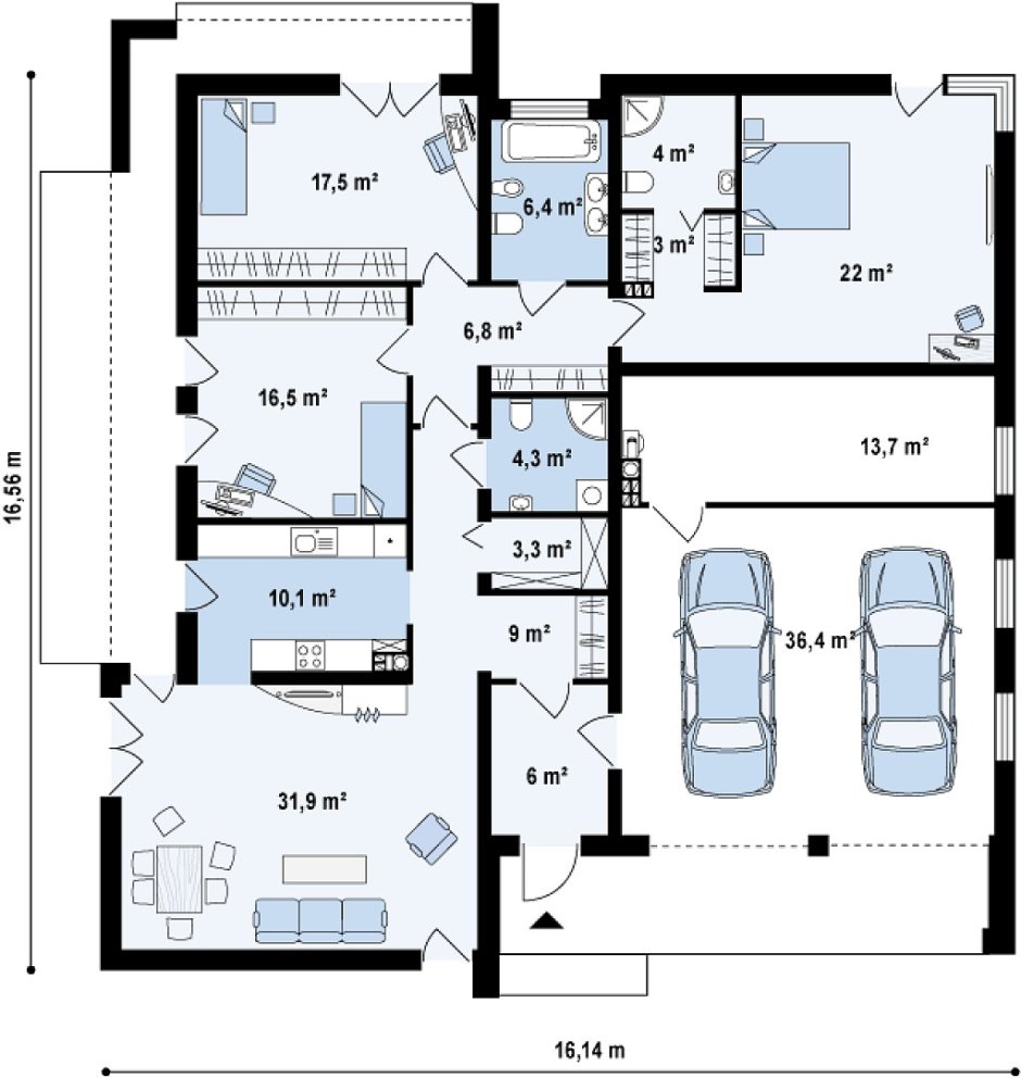 Планировки одноэтажных домов с гаражом на 2 машины