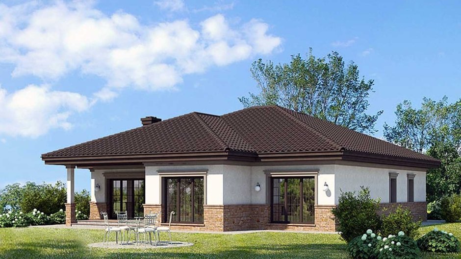 Дом с вальмовой крышей и террасой и гаражом