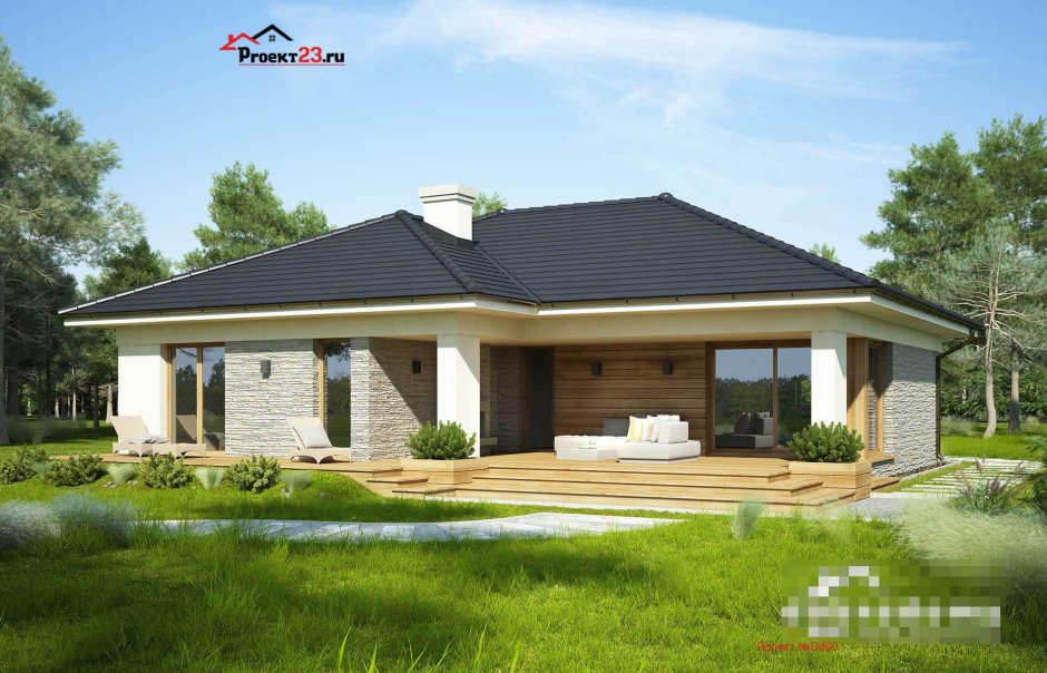 Белый одноэтажный дом с вальмовой крышей