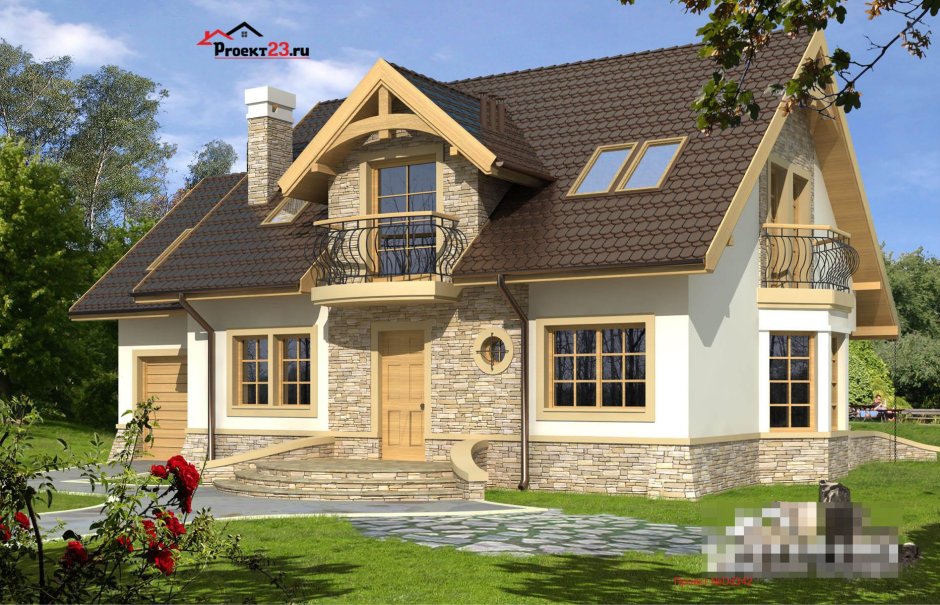 Дом с мансардой эркером и террасой