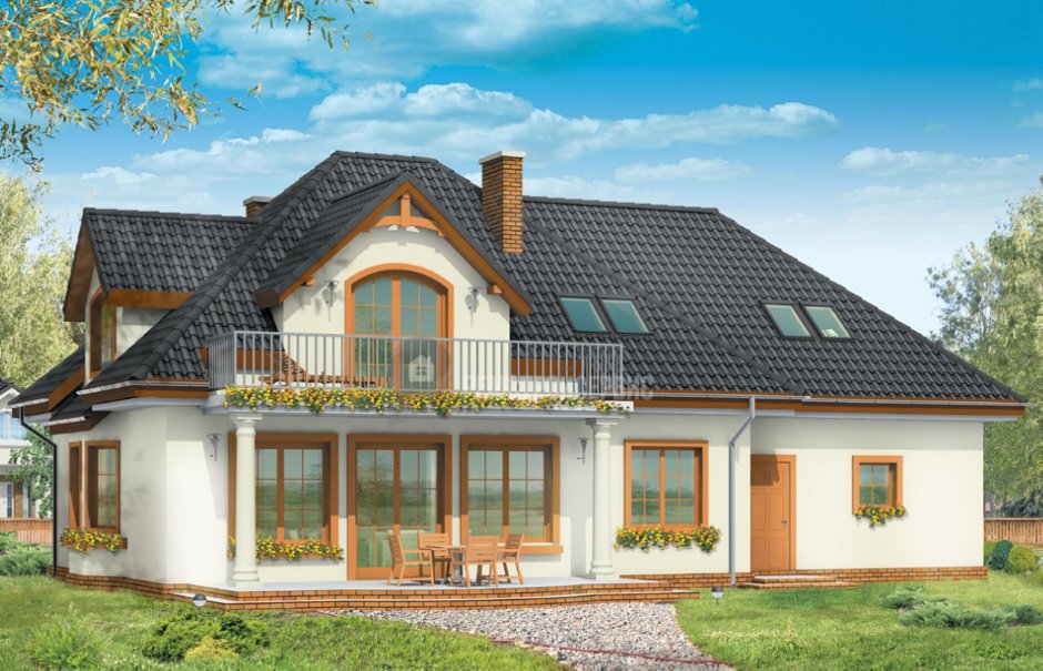 Одноэтажный дом с мансардой и балконом