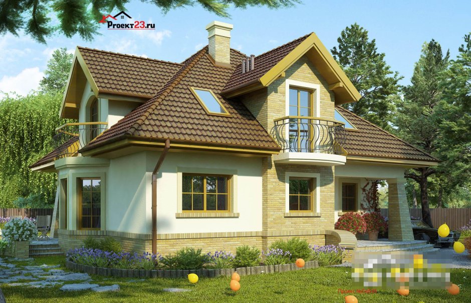 Загородный дом с мансардой и эркером
