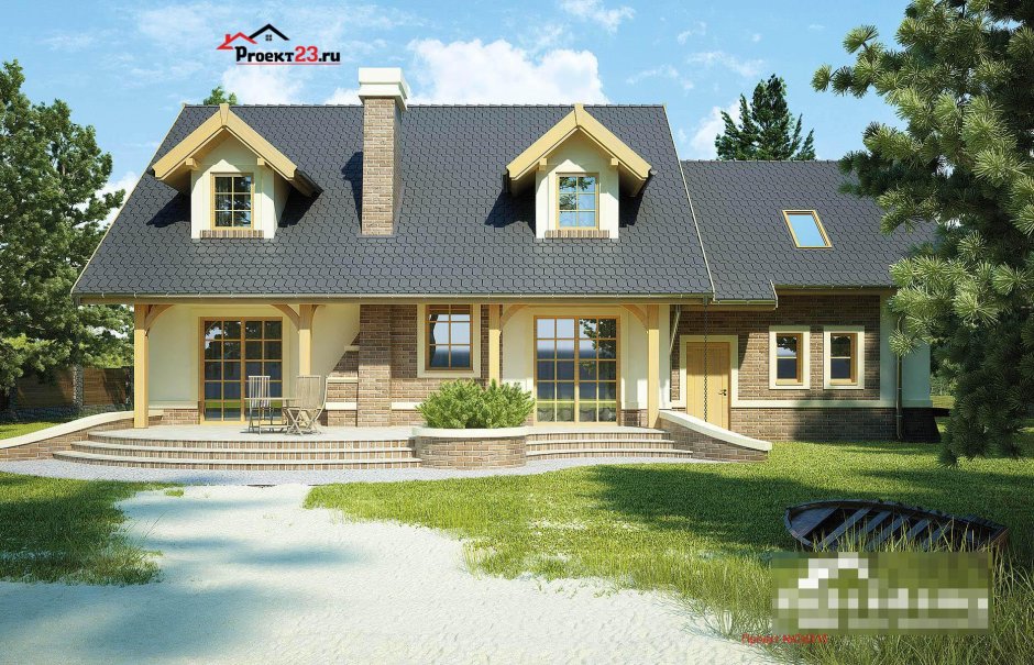 Одноэтажный дом с эркером и мансардой