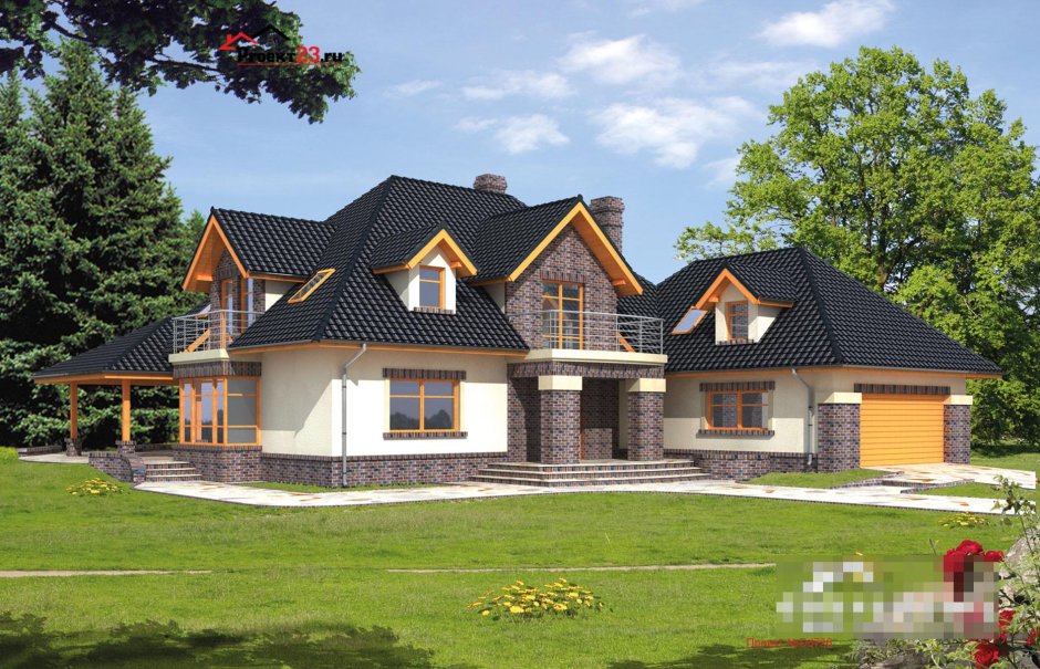 Дом с эркером и гаражом с мансардой