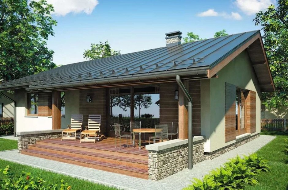 Деревянный дом одноэтажный с террасой 100кв