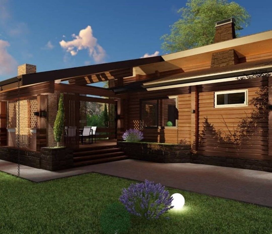 Одноэтажный дом баня с террасой 80 кв м из блоков