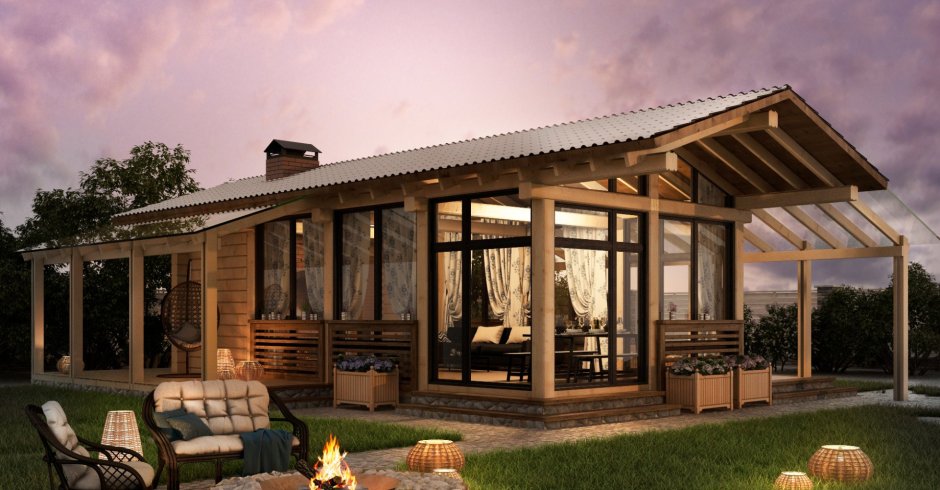 Баня с террасой под одной крышей 6х4м