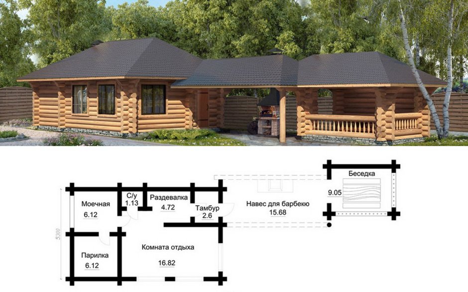 Баня с остекленной террасой под одной крышей