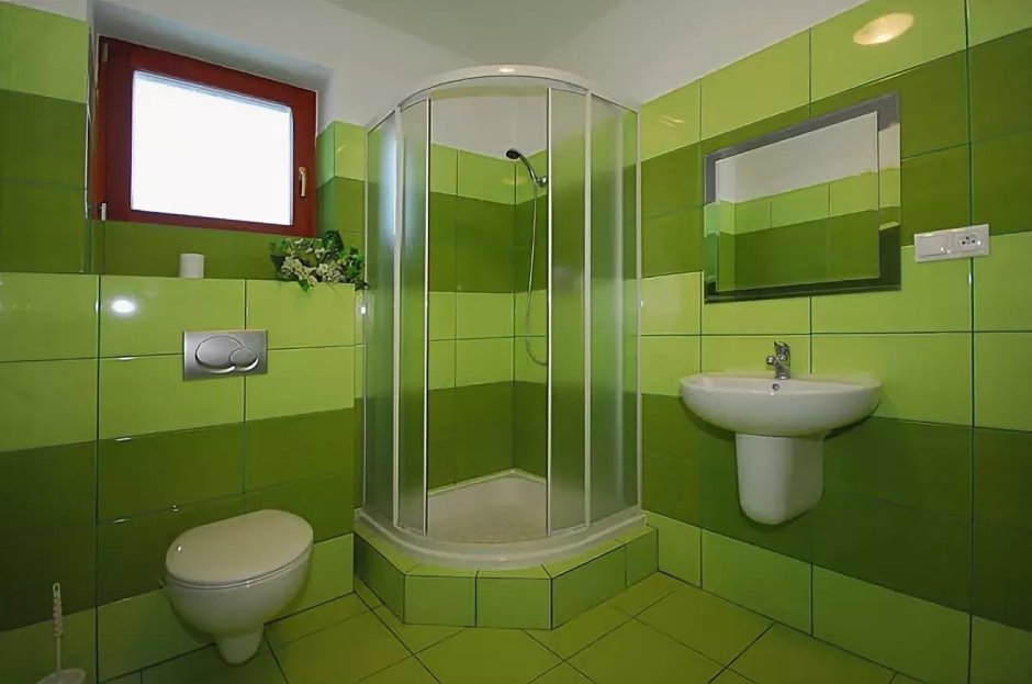 Ванная комната с душевой в зеленом цвете