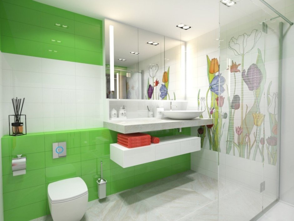 Бело зеленая ванная комната