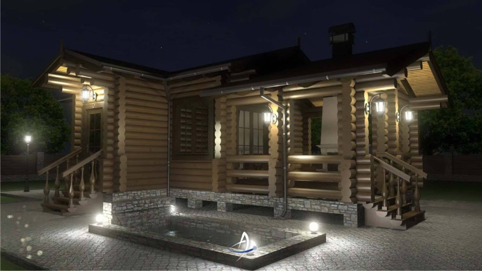 Баня с вальмовой крышей и террасой