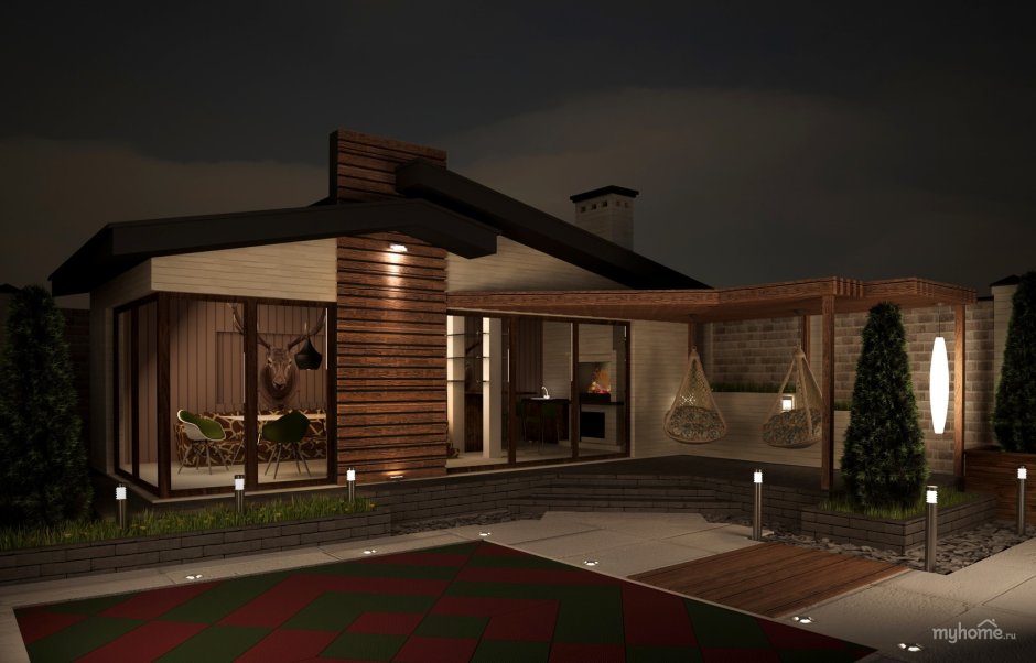 Баня с террасой и мангальной зоной и бассейном под крышей