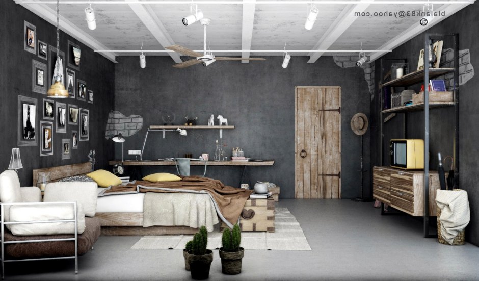 Серые стены в интерьере лофт