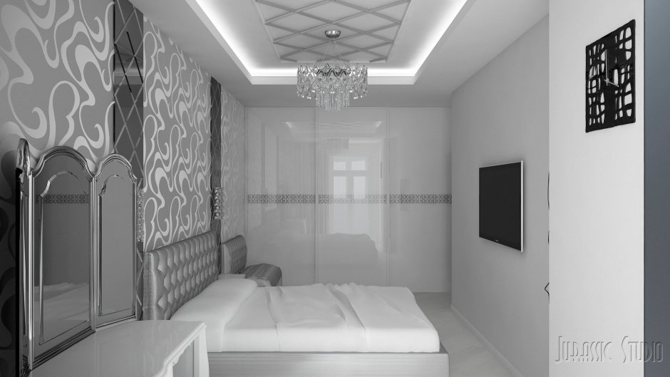 Спальня узкая в серо-белом цвете