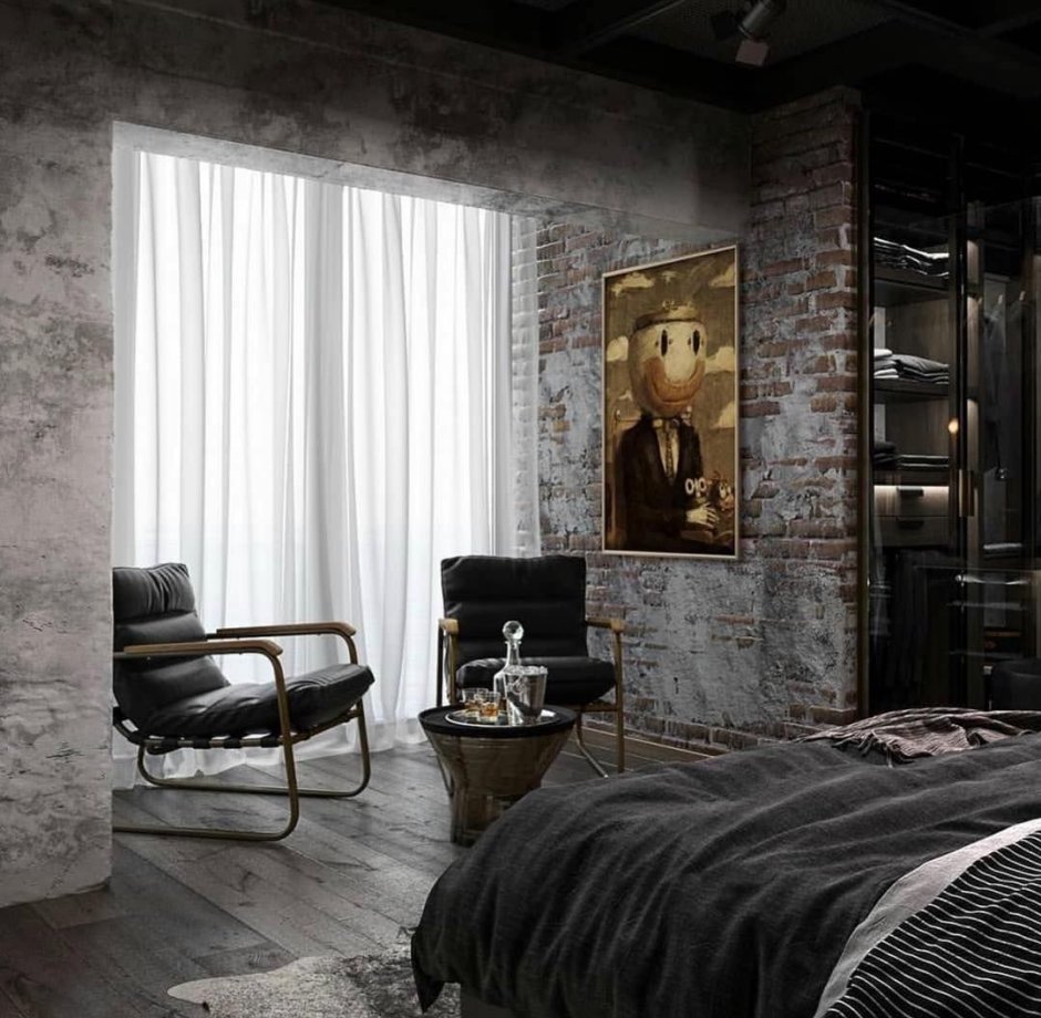 Спальня в стиле лофт в темных тонах