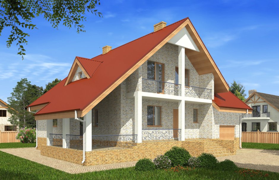 1.5 Этажный дом с мансардой и балконом с гозаблок
