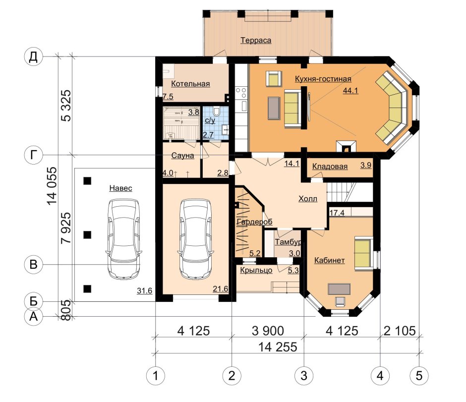 Планировка двухэтажного дома с гаражом террасой и котельной