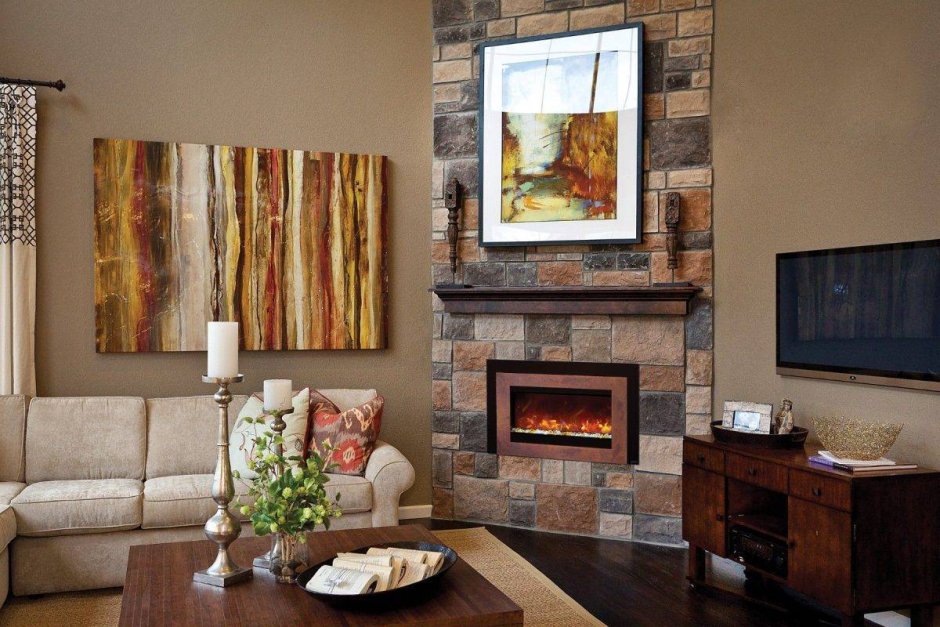 Гостиная с угловым электрокамином