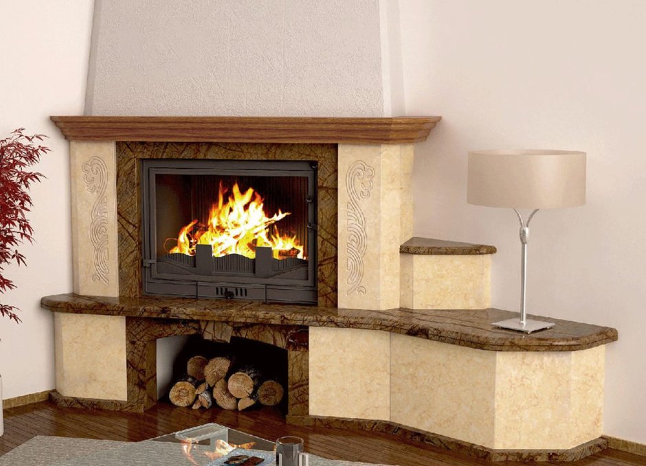 Угловой электрокамин в гостиной