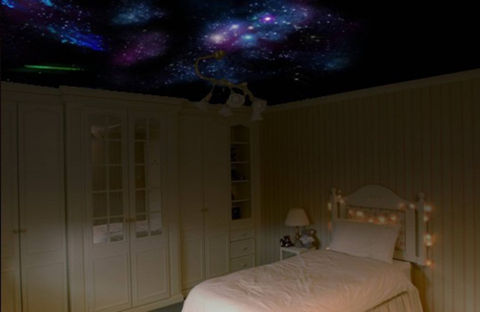 Натяжной потолок Звёздное небо с подсветкой в спальне