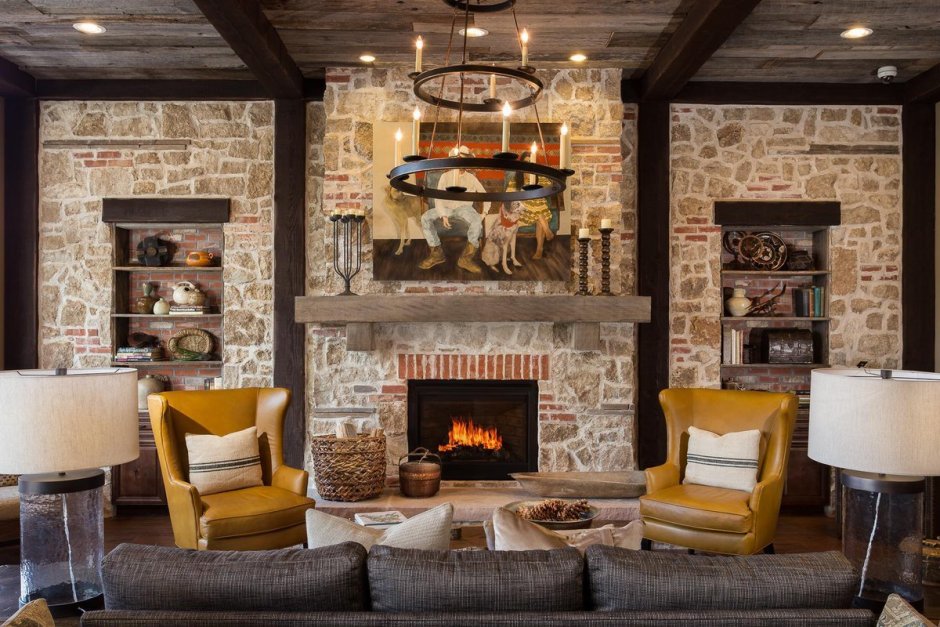 Гостиная в стиле лофт с камином