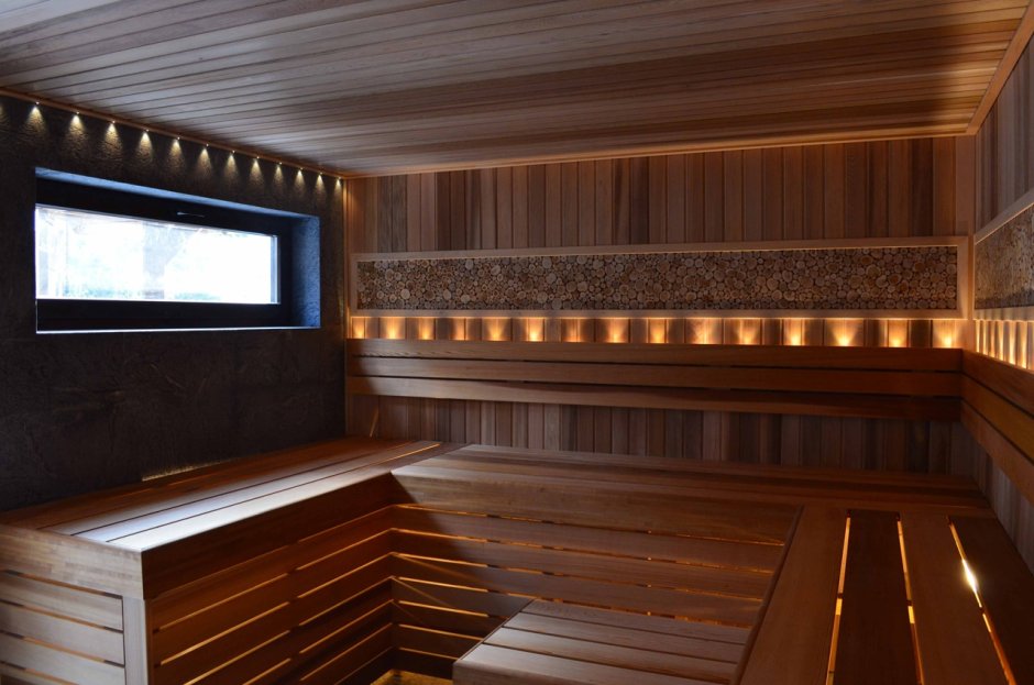 Отделка бани спилами дерева