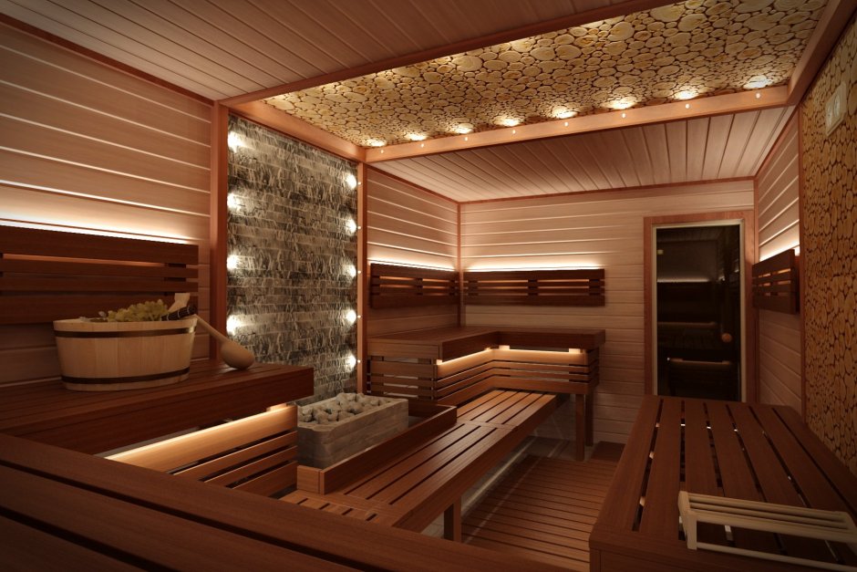 Потолок из можжевельника в бане