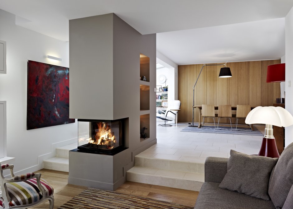 Двухсторонний камин в интерьере