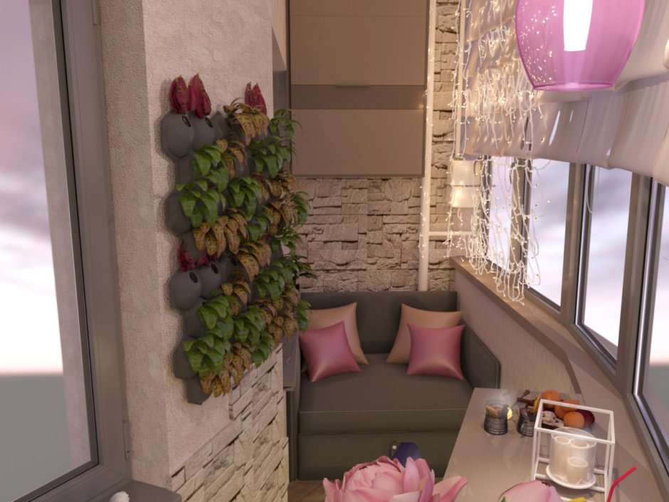 Интерьер балкона с камином