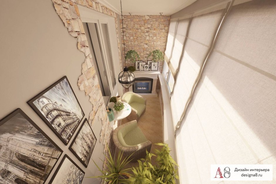Интерьер балкона с камином