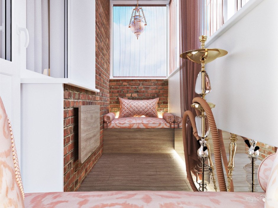 Розово золотой интерьер балкона