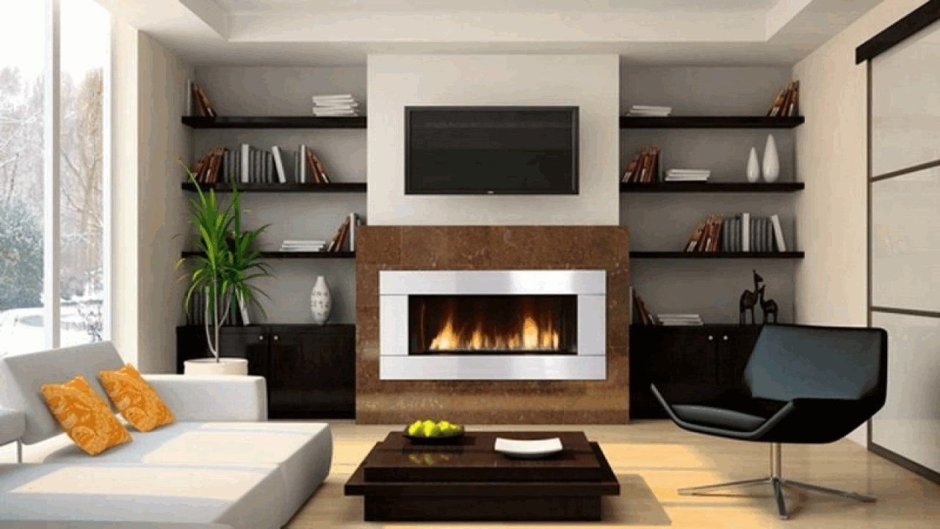 Камин с полками в современном стиле